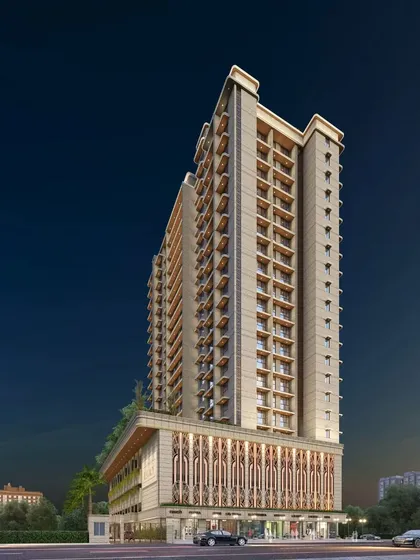 This night view highlights the detailed latticework at the base of the residential building. This feature adds a layer of visual interest and texture to the podium levels, blending public and private spaces seamlessly.