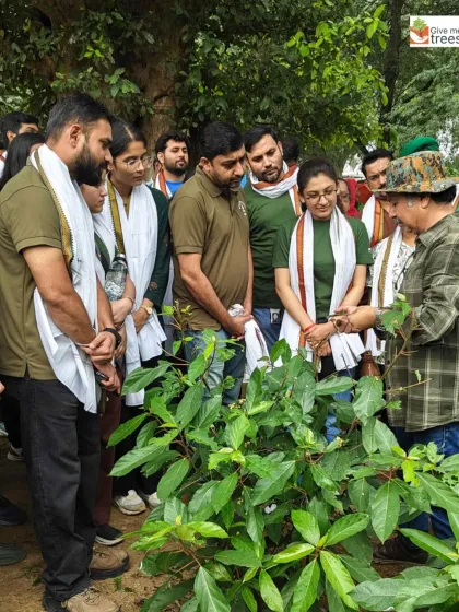 A teaching moment with the Amdocs team in the Aravallis. I'm explaining the importance of a specific native shrub to the local ecosystem. Education is a part of every drive we conduct.