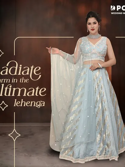 Radiate charm in the ultimate lehenga. This graphic features the sky blue and silver lehenga, a perfect rental for a summer wedding.