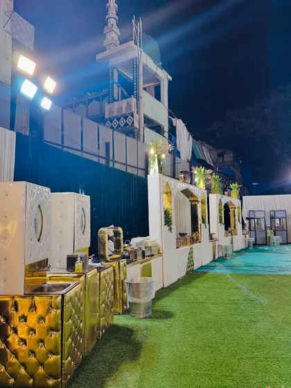 A wide shot of the catering area setup, showing the logistical scale and organization behind a large event.