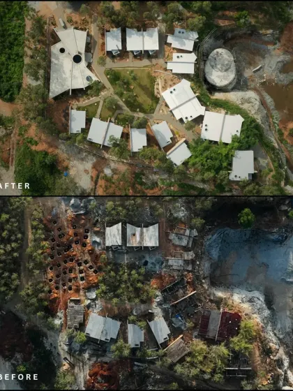 An aerial transformation of our eco-conscious resort. This before-and-after view shows the evolution from a raw, excavated site to a fully realized retreat.