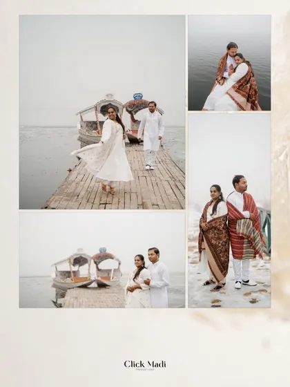 A beautiful collage showcasing different aspects of a pre-wedding shoot on Dal Lake, from portraits on the dock to intimate moments on the Shikara boat.