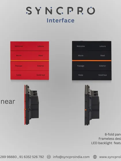 The Linear series 8-fold panels in red and black. These frameless, backlit keypads offer a high-density control solution for rooms with multiple functions, maintaining a sleek and modern look.