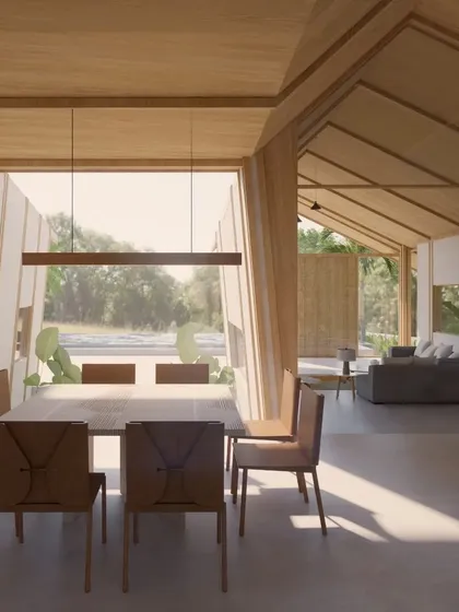 This is a look at our upcoming Cumin Residence in Goa, a design inspired by the simplicity of Japanese architecture. The interior spaces are organized linearly with high, angled ceilings and large windows to create a constant visual connection to the lush, natural surroundings.