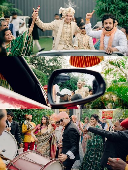 A collage of Baraat moments, from the groom's arrival in a car to the vibrant dancing on the street with the band.