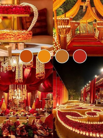 A classic and traditional Indian wedding mood board, focusing on a vibrant red, orange, and gold color scheme.