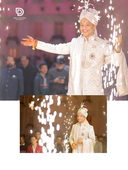The groom makes a grand, royal entry surrounded by celebratory sparklers, a high-energy moment that shows my ability to capture the excitement and scale of Indian weddings.