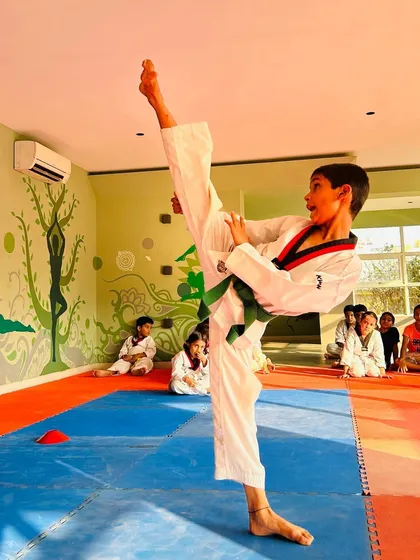 "Challenge your limits." A student executes a flawless side kick, a testament to his hard work.