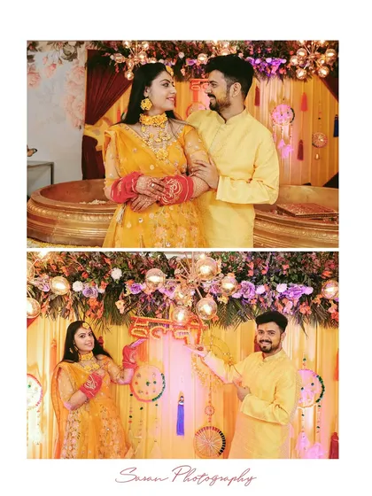 A collage from a Haldi ceremony, showing the couple posing together and holding a "Haldi" sign.