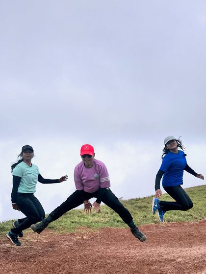 That feeling of pure joy when you're surrounded by nature. Our trekkers celebrating the climb with a classic jump shot at Kudremukha.