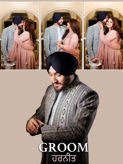 This collage is all about the groom on his engagement day. It combines a classic portrait with candid shots of him with his bride, capturing his joy and style.