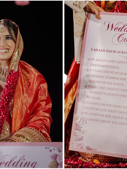 A split image showing the bride's happy face and a close-up of the adorable promises on the wedding contract.
