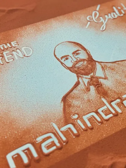 Another angle of the sand art tribute for Mahindra Finance's Mr. Iyer. The phrases 'Rise for the Legend' and 'Gratitude Iyer Sir' were woven into the art to create a deeply personal and emotional send-off.