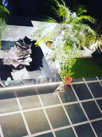 A top-down view of the custom water feature, adding a dynamic and soothing element to the terrace garden design.