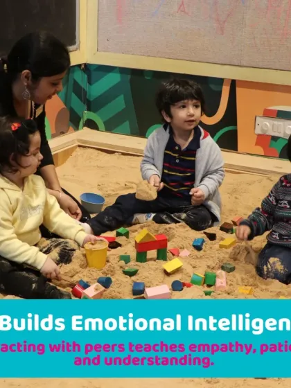 An instructor joins the children in the sandpit, guiding their play and helping them navigate social interactions. This builds emotional intelligence and empathy.