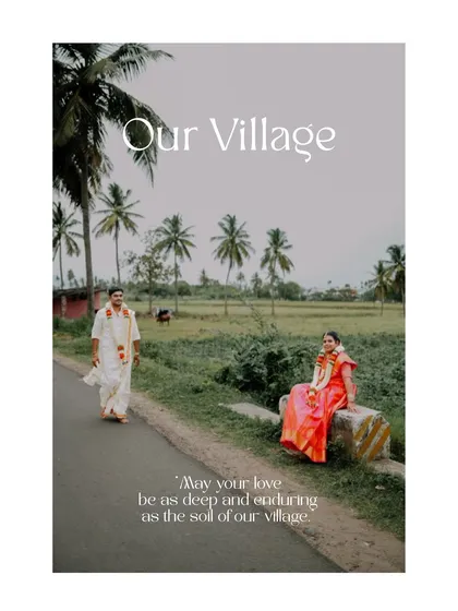 A different take from the "Our Village" series, with the groom walking towards his bride. The rural landscape with palm trees provides a unique and personal backdrop.