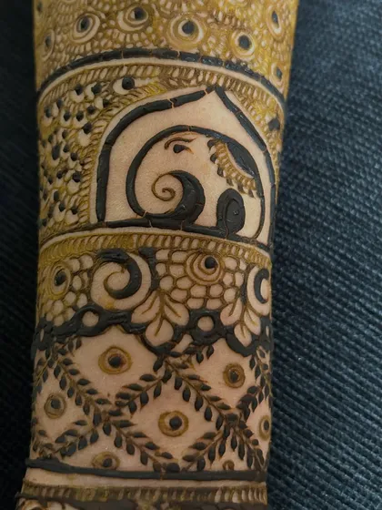 A close-up of a beautiful elephant motif, a traditional element in Indian bridal mehendi that symbolizes good luck and prosperity.