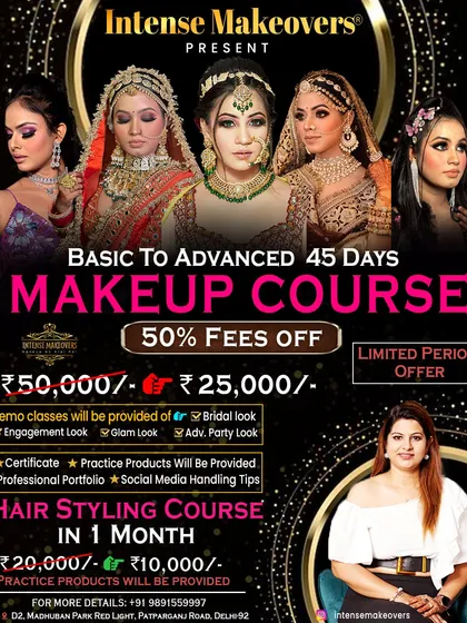 Here are all the details for our most popular 45-day Basic to Advanced Makeup Course. We cover everything from bridal and glam looks to building your professional portfolio and social media presence.