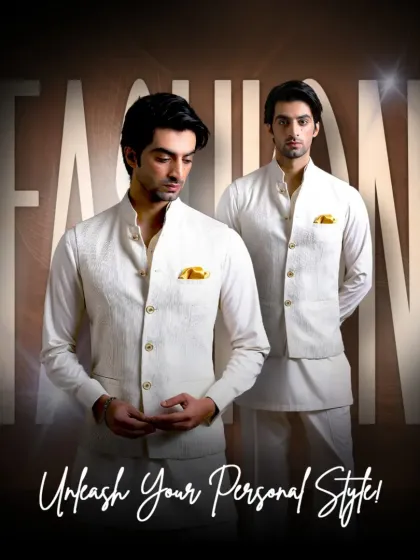 "Unleash Your Personal Style." This graphic, featuring an elegant all-white Nehru jacket set, is a call to embrace your individuality through timeless and cultured fashion.