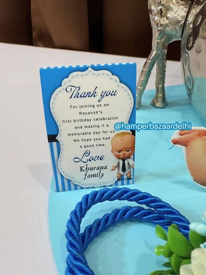 We always include a personalized thank you note, like this one for Reyansh's first birthday.