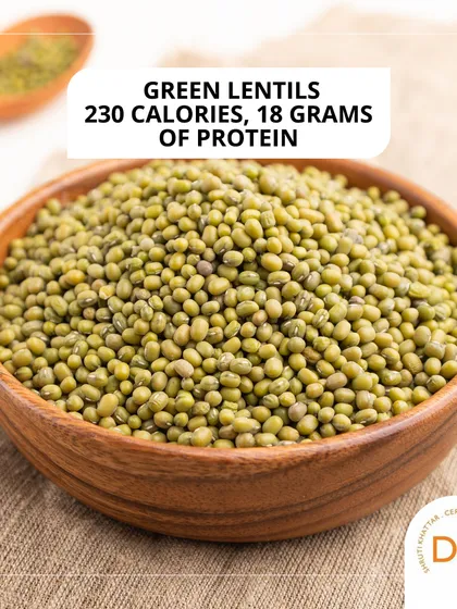 Green lentils (moong dal) also provide 230 calories and 18 grams of protein. They hold their shape well and are perfect for salads and side dishes.