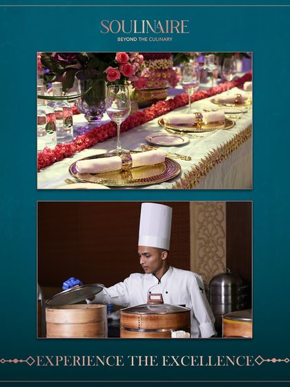 A collage to experience the excellence, with images of a traditional floral tablescape and a chef at a live dim sum station.