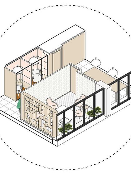An axonometric drawing of the wellness zone and telephone booths in 'The Office with A View'. This detailed plan shows the layout of the quiet room, furniture, and the adjacent private call booths.