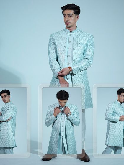 A collage of our light blue sherwani, showing it from different angles to give you a complete view of this stylish outfit.