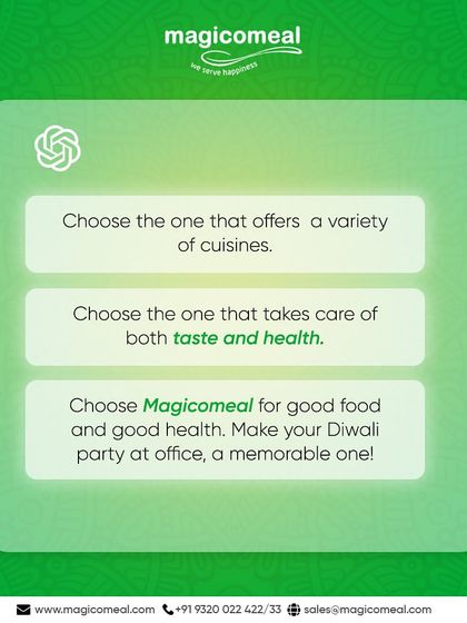 When choosing a caterer for your Diwali party, you need variety, taste, and health. I offer all three, ensuring your office celebration is a memorable one.