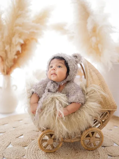 A sweet baby dressed as a little bear, sitting in a vintage-style wicker pram. The earthy tones and natural light create a warm, gentle feel.