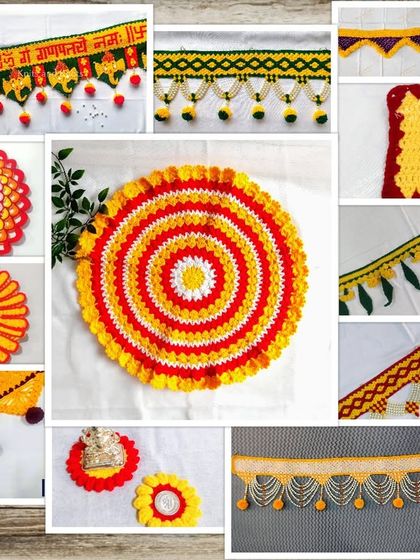 A bright and cheerful collage of my work in yellow, showcasing various torans and thali covers for a Navratri post.