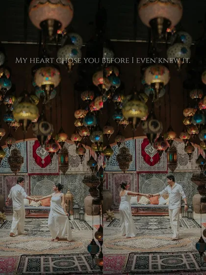 "My heart chose you before I even knew it." A romantic diptych of the couple dancing in a room filled with magical, glowing lanterns.