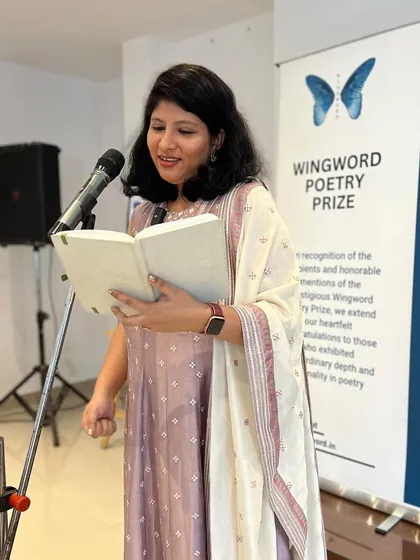 The winner of the Wingword Poetry Prize 2023, Surbhi Naik, during her performance. Her work is a testament to the high caliber of poets our competition attracts.