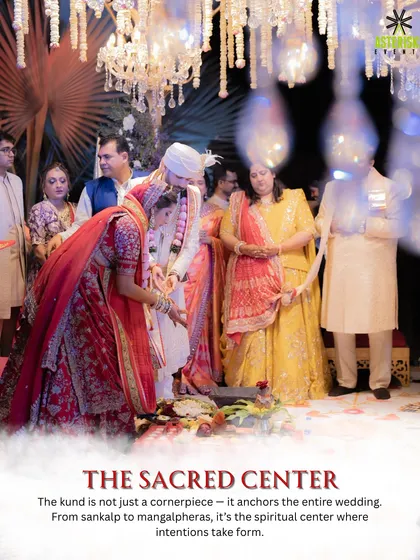 The Havan Kund anchors the entire wedding, serving as the spiritual center where intentions and promises take form.