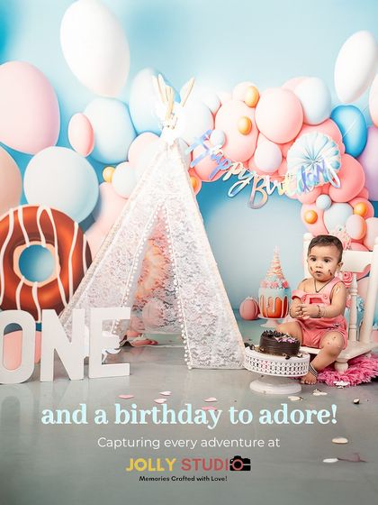 A birthday to adore! This collage captures the joy of a first birthday, from the cake to the happy baby, all within a colorful and sweet-themed studio setup.