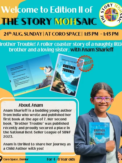 Introducing Anam Sharieff, a budding young author who shared her journey at The Story MOHsaic. She read from her bestseller "Brother Trouble," a story about sibling love and mischief.