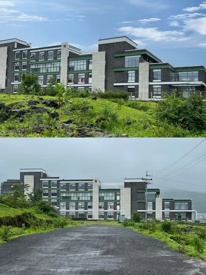 The completed Venkateshwar World School in Pune, nestled into the hillside. The final structure stays true to the design, blending seamlessly with the natural landscape while providing a modern learning environment.