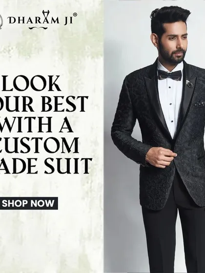 Look your best with a custom-made suit. This graphic features a model in a patterned black tuxedo, highlighting the benefits of bespoke tailoring.