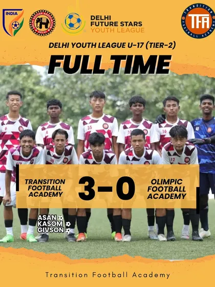 Full time result showing a 3-0 win for my U-17 team against Olimpic Football Academy in the Delhi Future Stars Youth League.