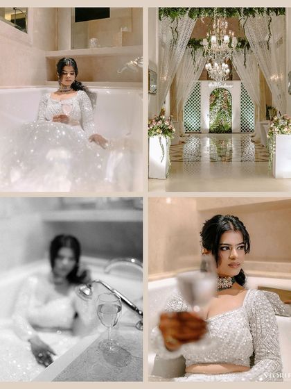 A creative collage showing the bride posing in a bathtub in her lehenga, a playful and high-fashion concept.