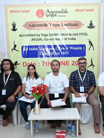 A group photo of our esteemed panel of judges for the All India Yogasana Competition 2025.