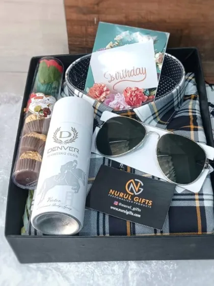 Another look at our popular birthday hamper, featuring a checkered shirt, sunglasses, and other essentials, all packed and ready to make his day special.