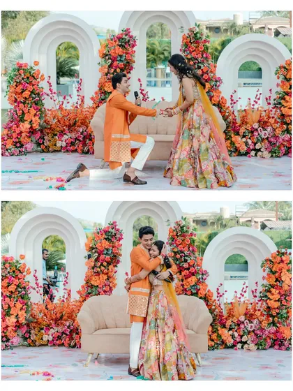 A modern twist on tradition, with the groom proposing to his bride during their Haldi ceremony. We love capturing these personal, heartfelt gestures.