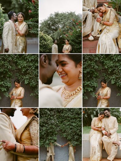 A collage showcasing the variety of a couple's portrait session, from romantic close-ups to fun, creative shots that tell the story of their day.