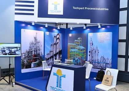 A professional exhibition booth designed for a corporate client at a trade show. The stall features clear branding, well-lit product displays, and a clean, modern design to attract potential customers.