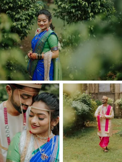This three-photo collage showcases both individual and couple portraits. It highlights the bride's elegance, the groom's classic look, and their shared intimacy, providing a well-rounded glimpse into their traditional shoot.