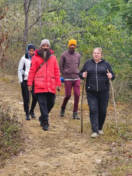 Leading a group on a trek in the Himalayas. Discipline is the bridge between our goals and our achievements. This applies to hiking a mountain just as it does to the spiritual path.