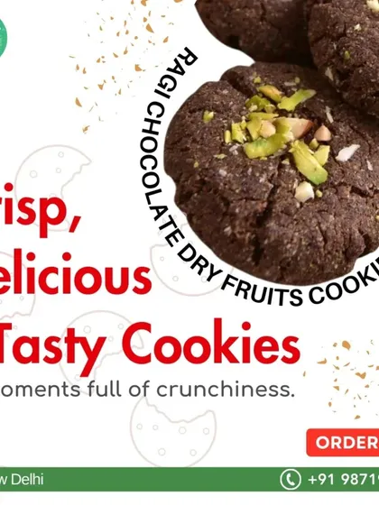 A moment full of crunchiness with our Ragi Chocolate Dry Fruits Cookies. These are a healthy and delicious treat, perfect for satisfying your sweet cravings without the guilt.
