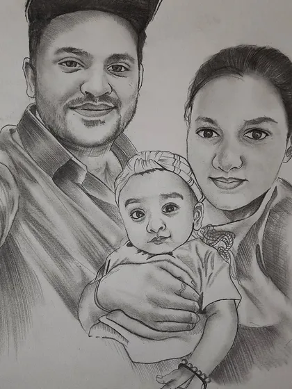 A family portrait is a treasure, and I take great care in creating them. This A3 size graphite pencil sketch brings together a family of three, focusing on their bond and creating a memory that will last forever.