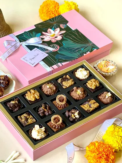A larger version of my Diwali brownie box, filled with 16 assorted fudgy brownies. It's the perfect gift to take to a Diwali party.